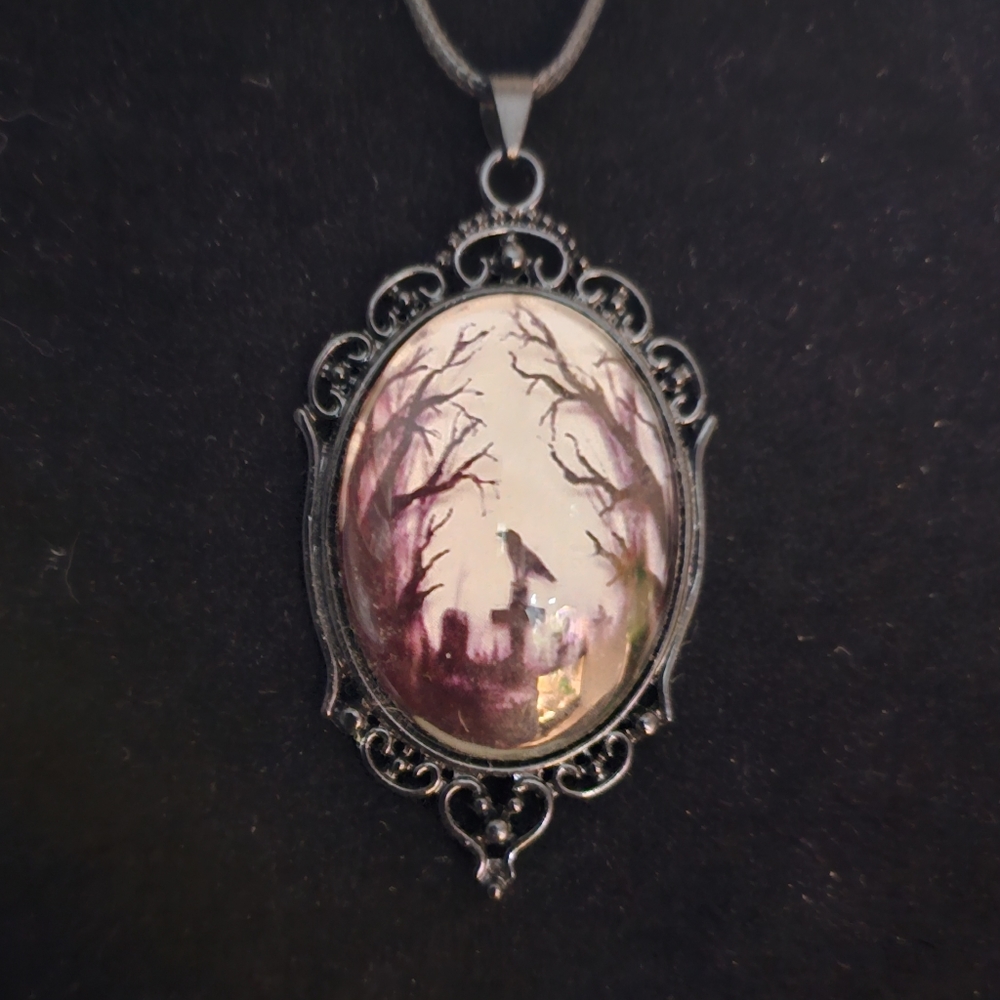 Gothic scene raven graveyard pendant